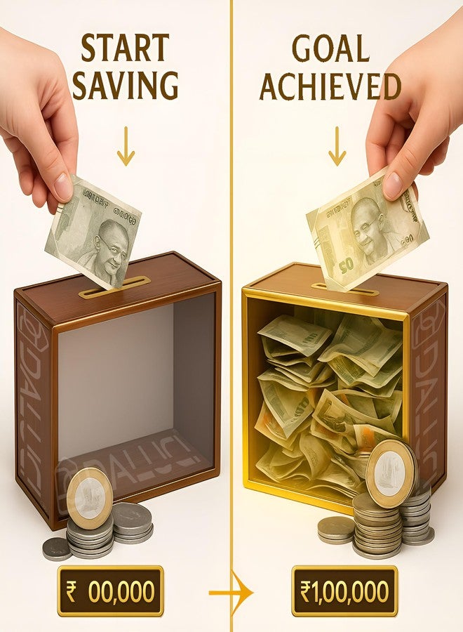 DALUCI Money Saving Box for Adults & Kids | 1 Lakh Savings Challenge Wooden Piggy Bank with Denomination Grid | Cash Saving Box, Budget Organizer & Unique Gift Item (Golden Line) - Image 3